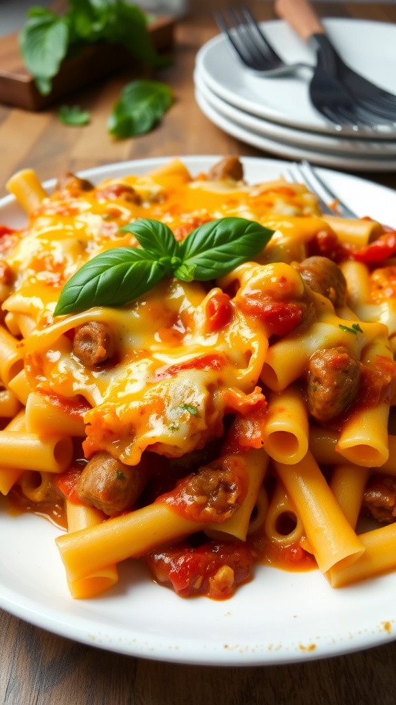 A warm dish of baked ziti with Italian sausage, topped with melted cheese and fresh basil.